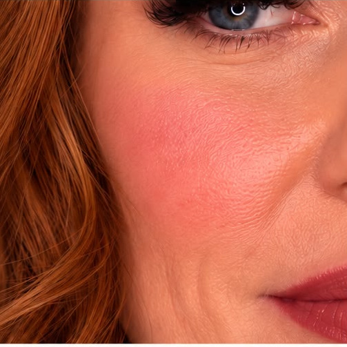 A blue eye, a rosy cheek and a mauve lip