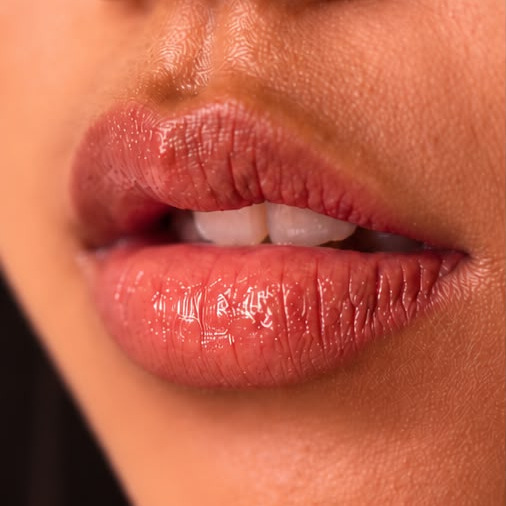 A glossed nude lip